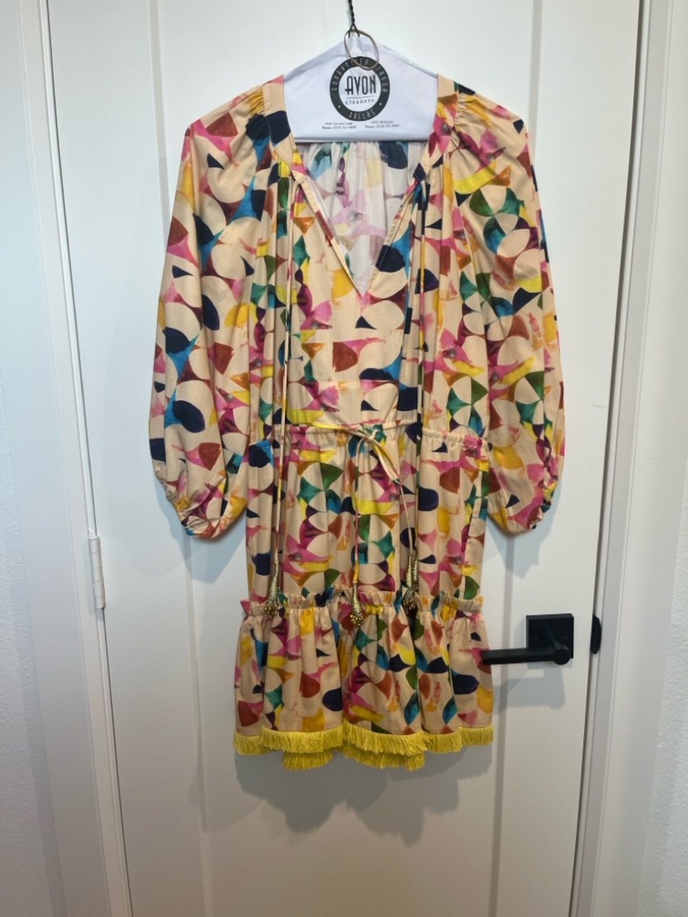 Alexis Multicolor Geometric Mini Dress with Yellow Fringe